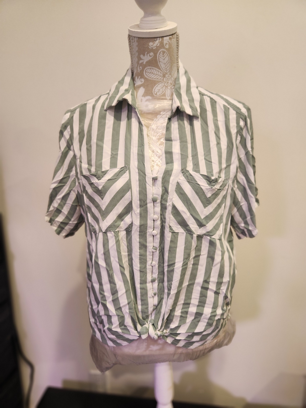 Velvet Heart Green & White Striped Button-Down with Front Tie